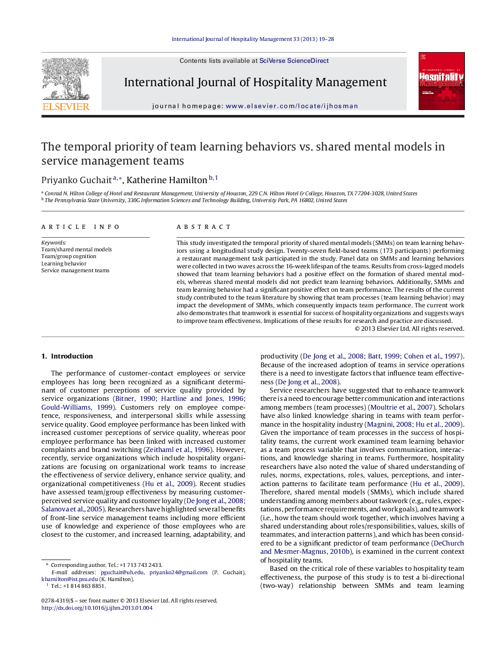 The temporal priority of team learning behaviors vs. shared mental models in service management teams