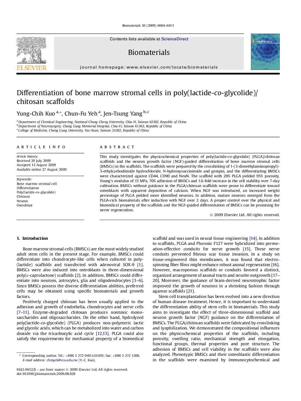 Differentiation of bone marrow stromal cells in poly(lactide-co-glycolide)/chitosan scaffolds