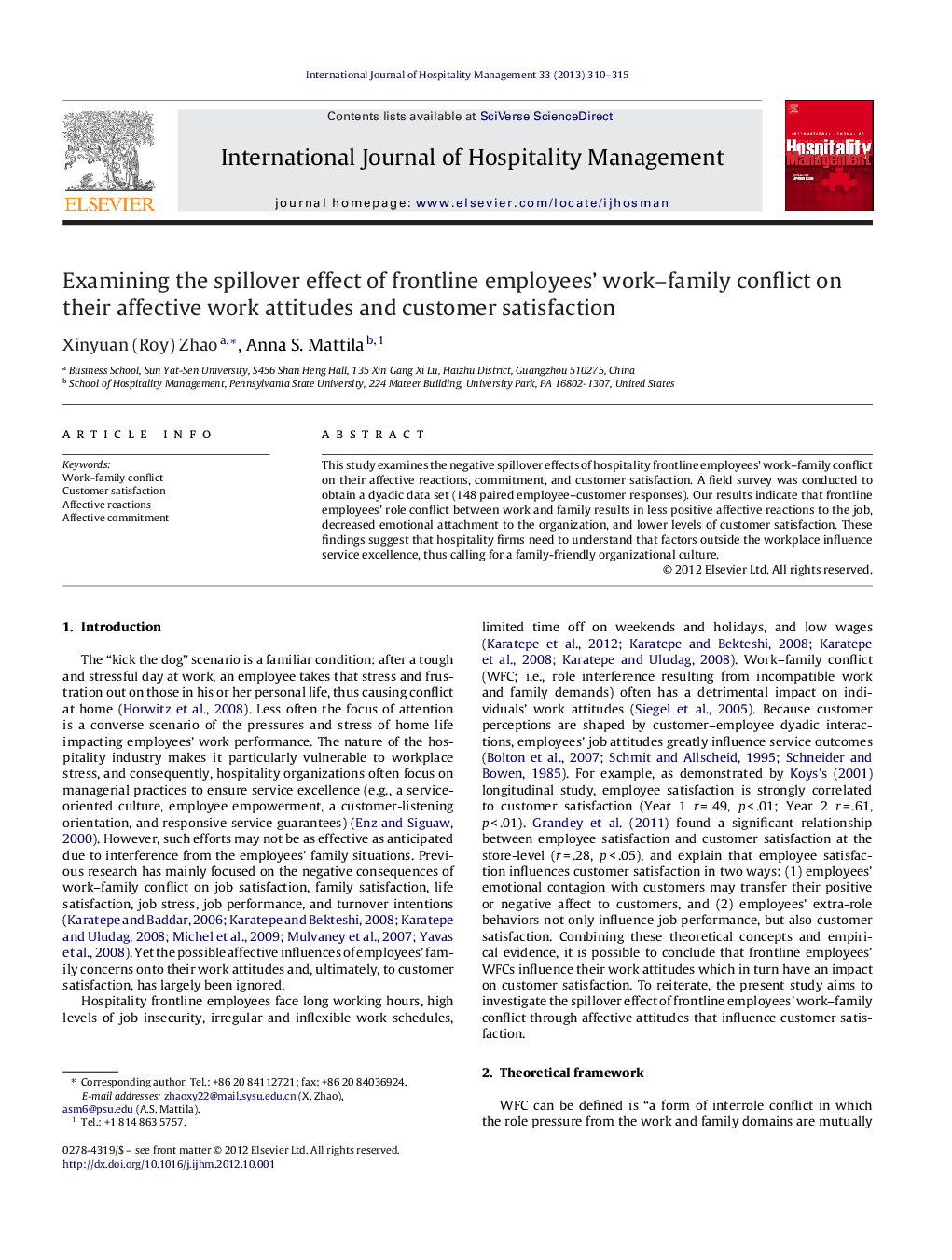 Examining the spillover effect of frontline employees’ work–family conflict on their affective work attitudes and customer satisfaction