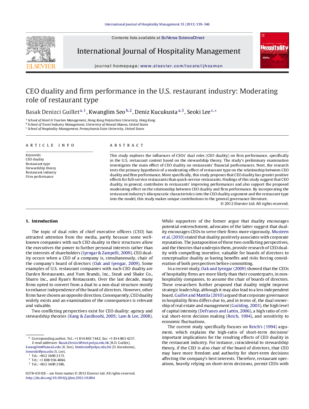 CEO duality and firm performance in the U.S. restaurant industry: Moderating role of restaurant type