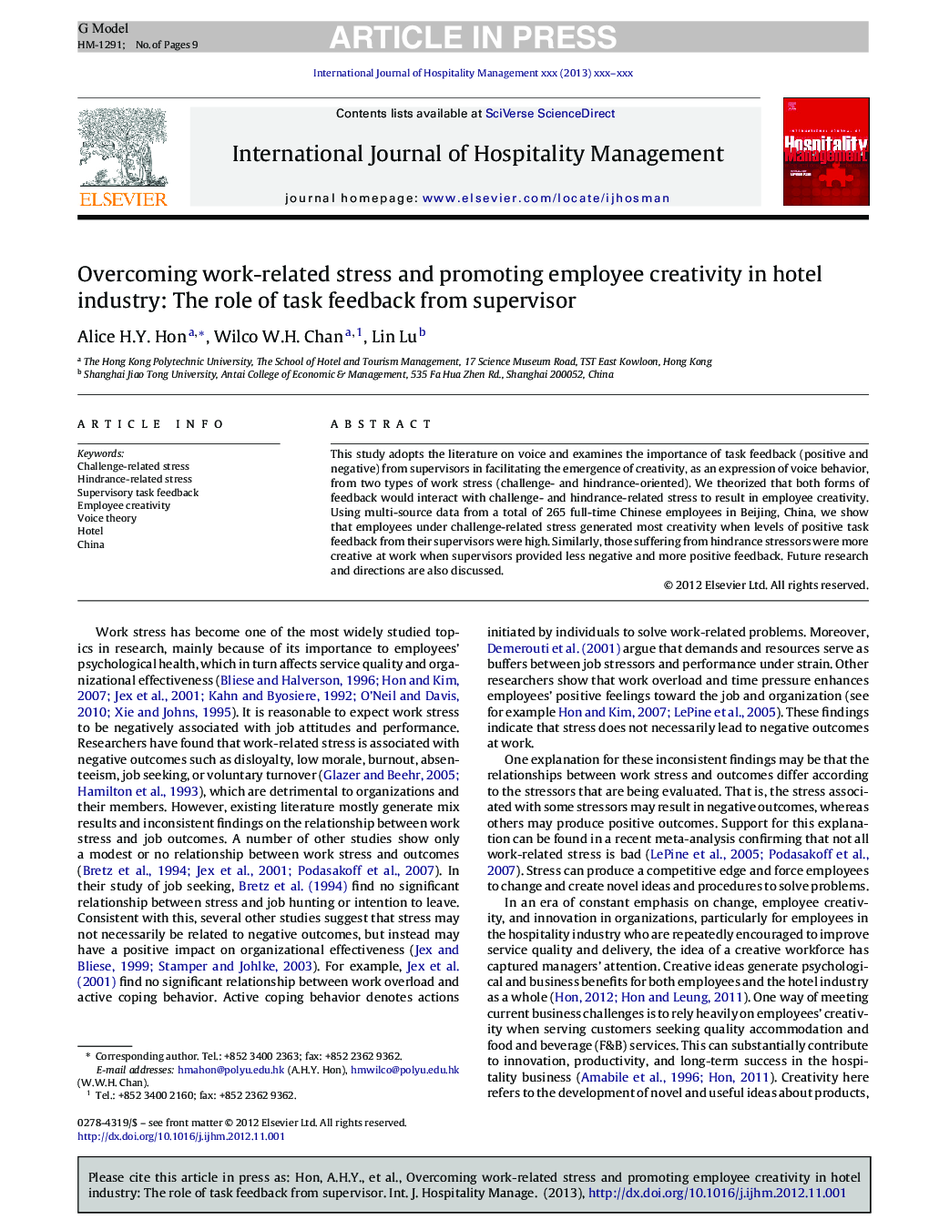 Overcoming work-related stress and promoting employee creativity in hotel industry: The role of task feedback from supervisor