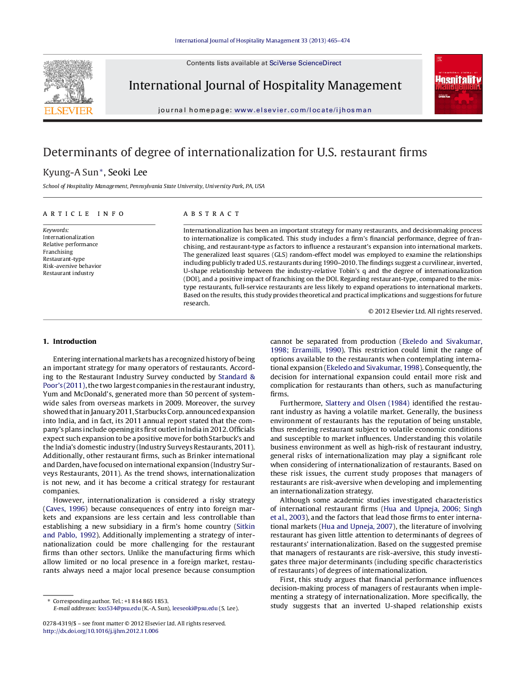 Determinants of degree of internationalization for U.S. restaurant firms