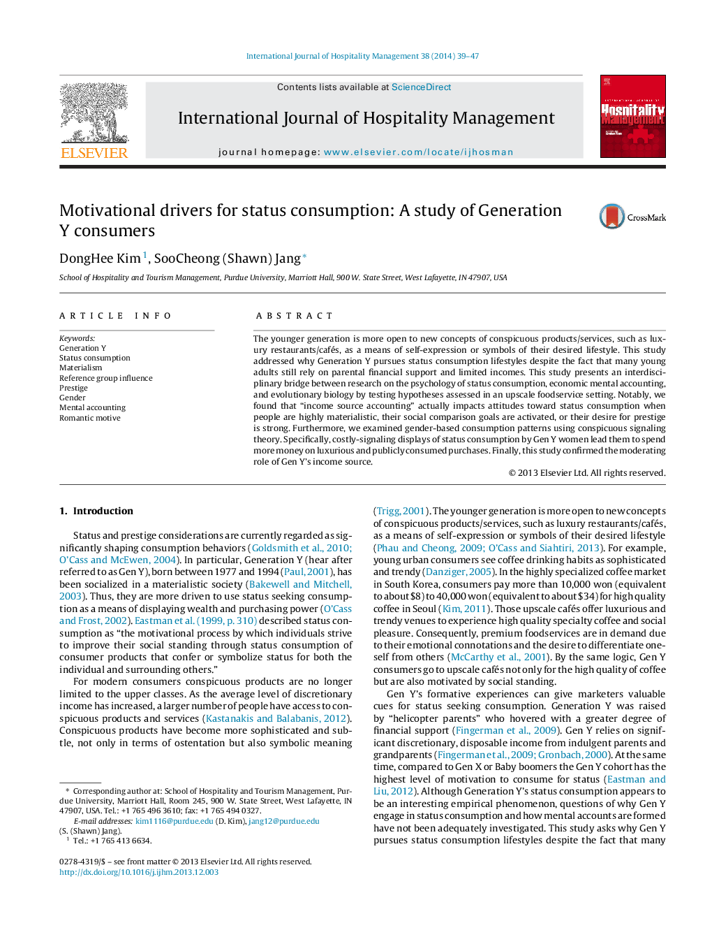 Motivational drivers for status consumption: A study of Generation Y consumers