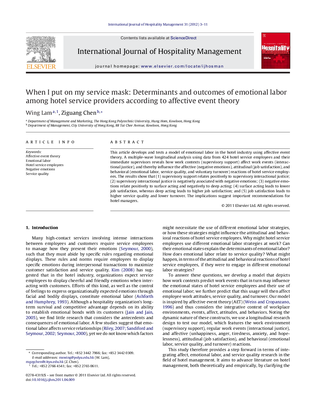 When I put on my service mask: Determinants and outcomes of emotional labor among hotel service providers according to affective event theory