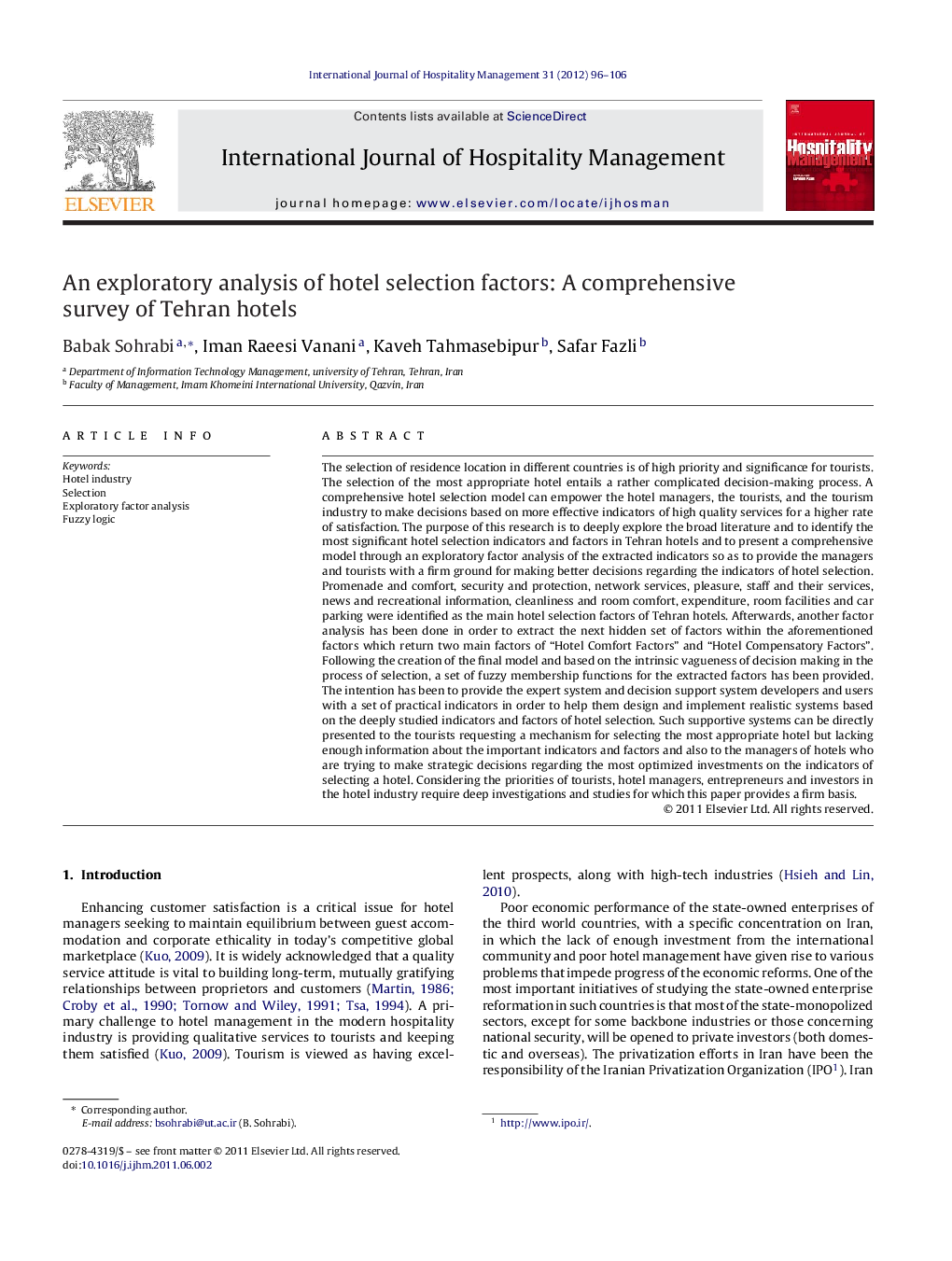 An exploratory analysis of hotel selection factors: A comprehensive survey of Tehran hotels