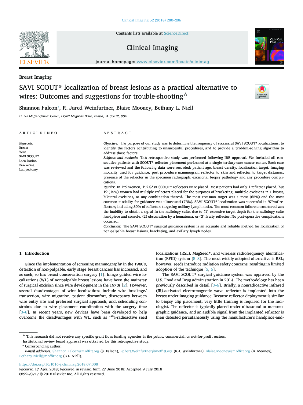 SAVI SCOUT® localization of breast lesions as a practical alternative to wires: Outcomes and suggestions for trouble-shooting