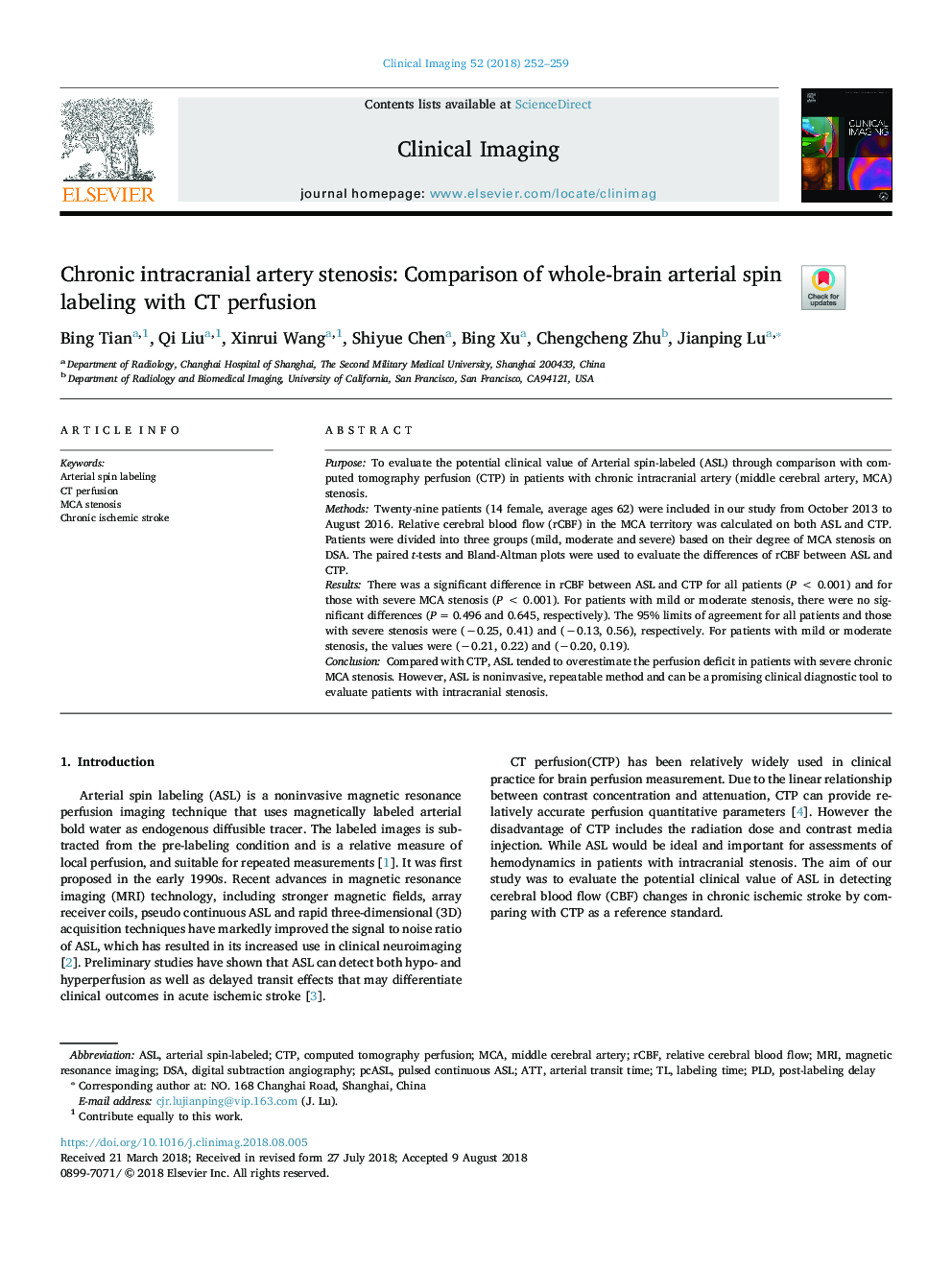 Chronic intracranial artery stenosis: Comparison of whole-brain arterial spin labeling with CT perfusion