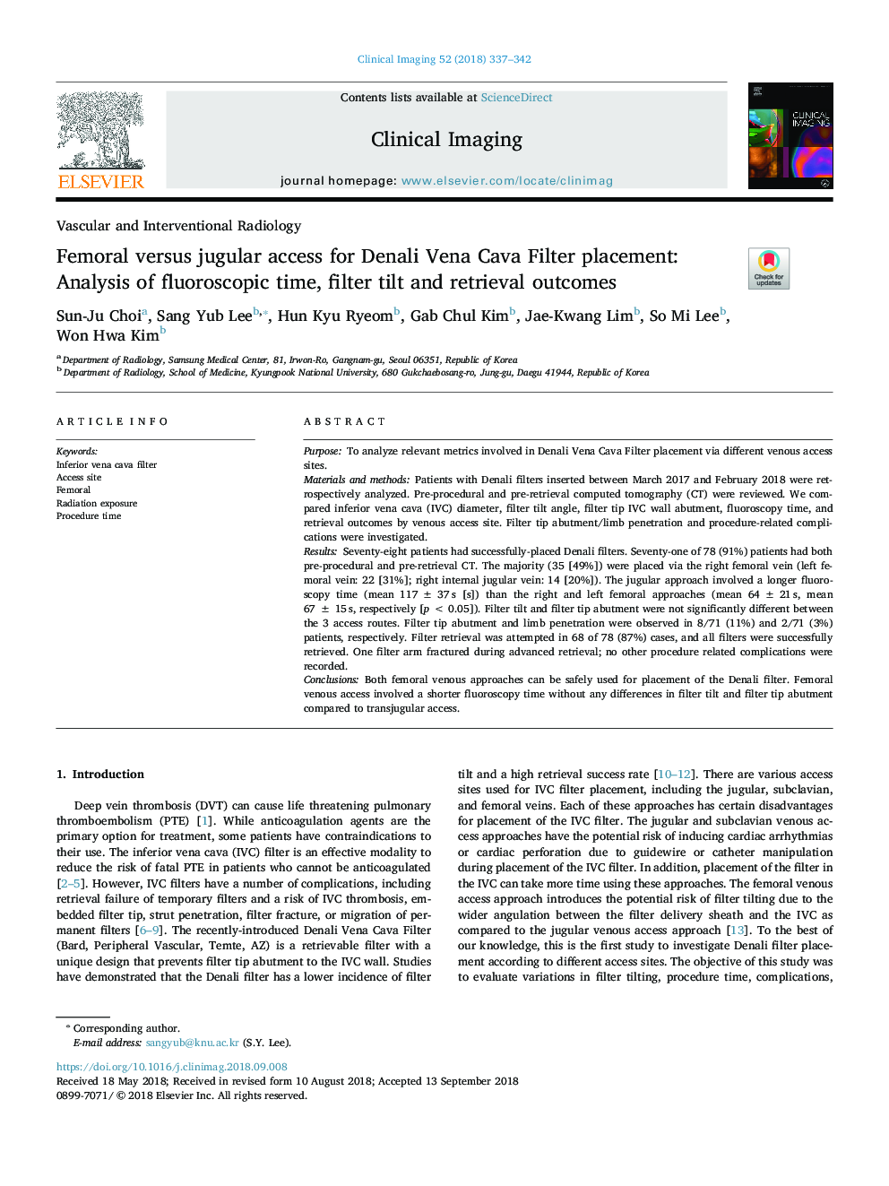 Femoral versus jugular access for Denali Vena Cava Filter placement: Analysis of fluoroscopic time, filter tilt and retrieval outcomes