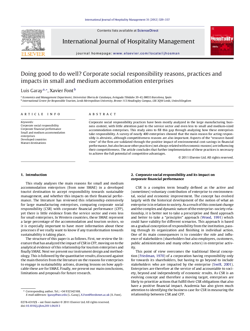 Doing good to do well? Corporate social responsibility reasons, practices and impacts in small and medium accommodation enterprises