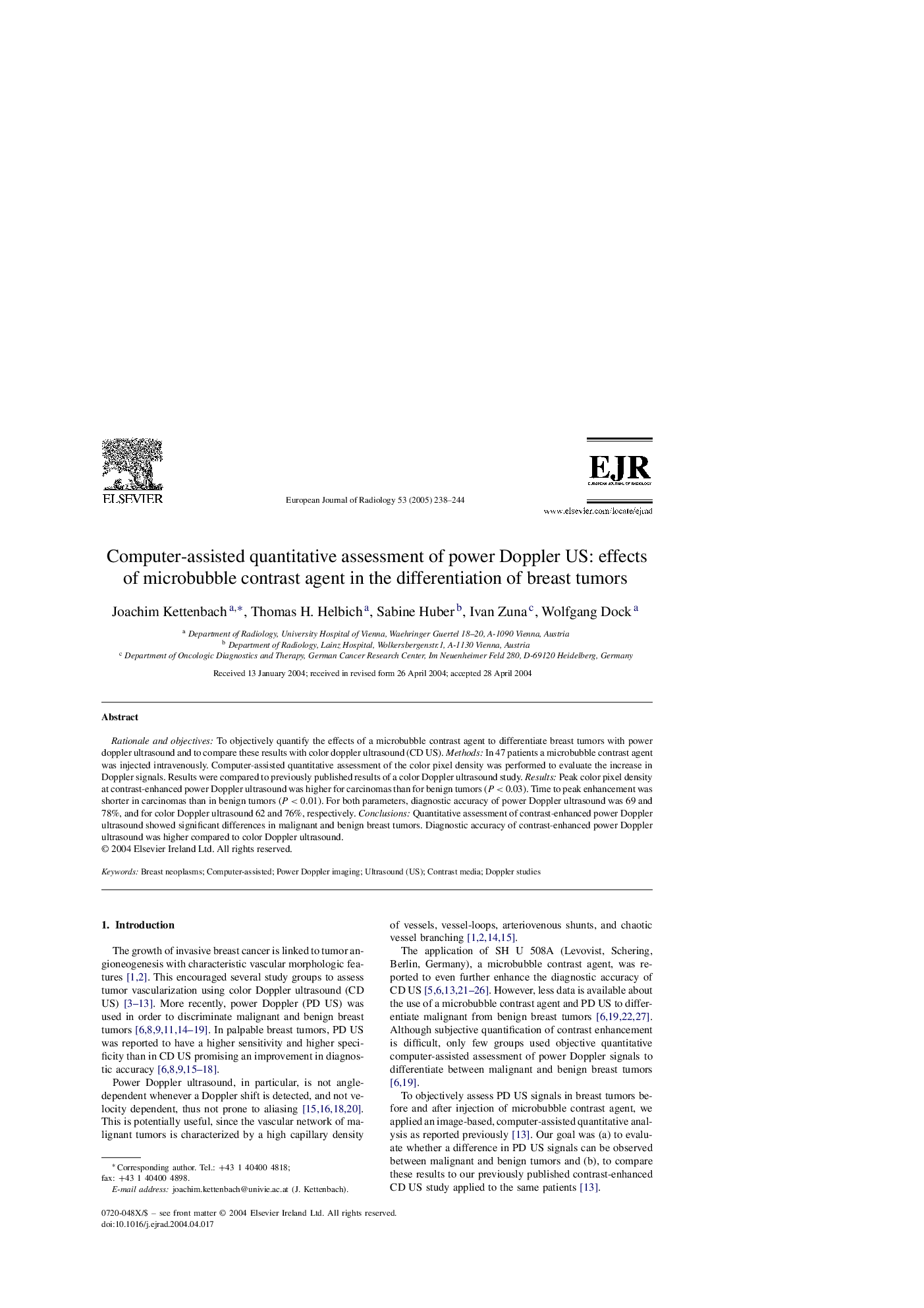 Computer-assisted quantitative assessment of power Doppler US: effects of microbubble contrast agent in the differentiation of breast tumors