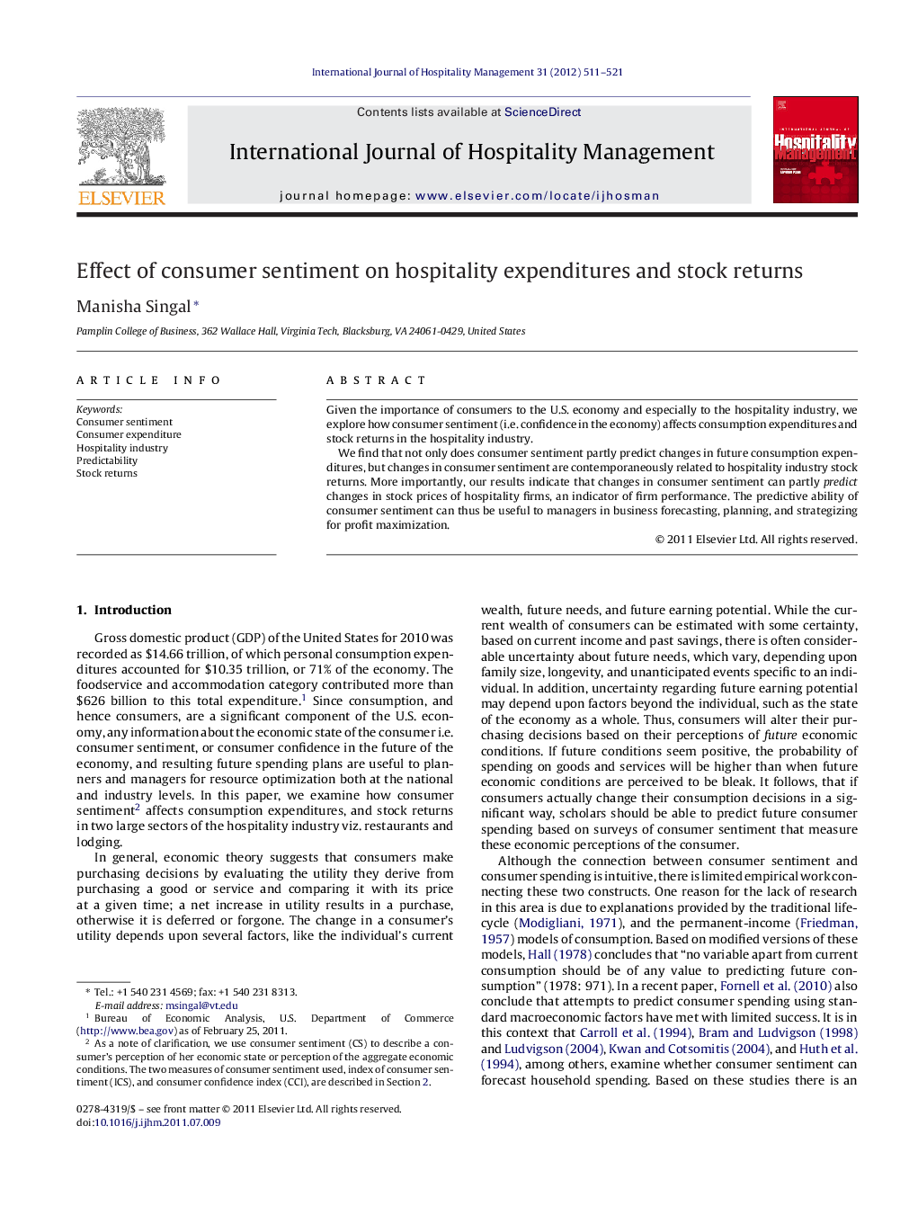 Effect of consumer sentiment on hospitality expenditures and stock returns