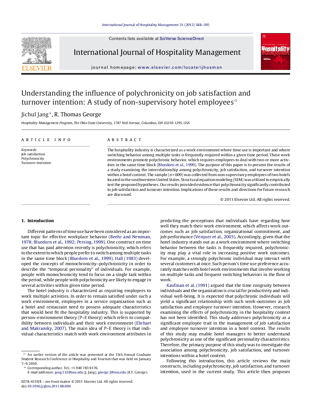 Understanding the influence of polychronicity on job satisfaction and turnover intention: A study of non-supervisory hotel employees 