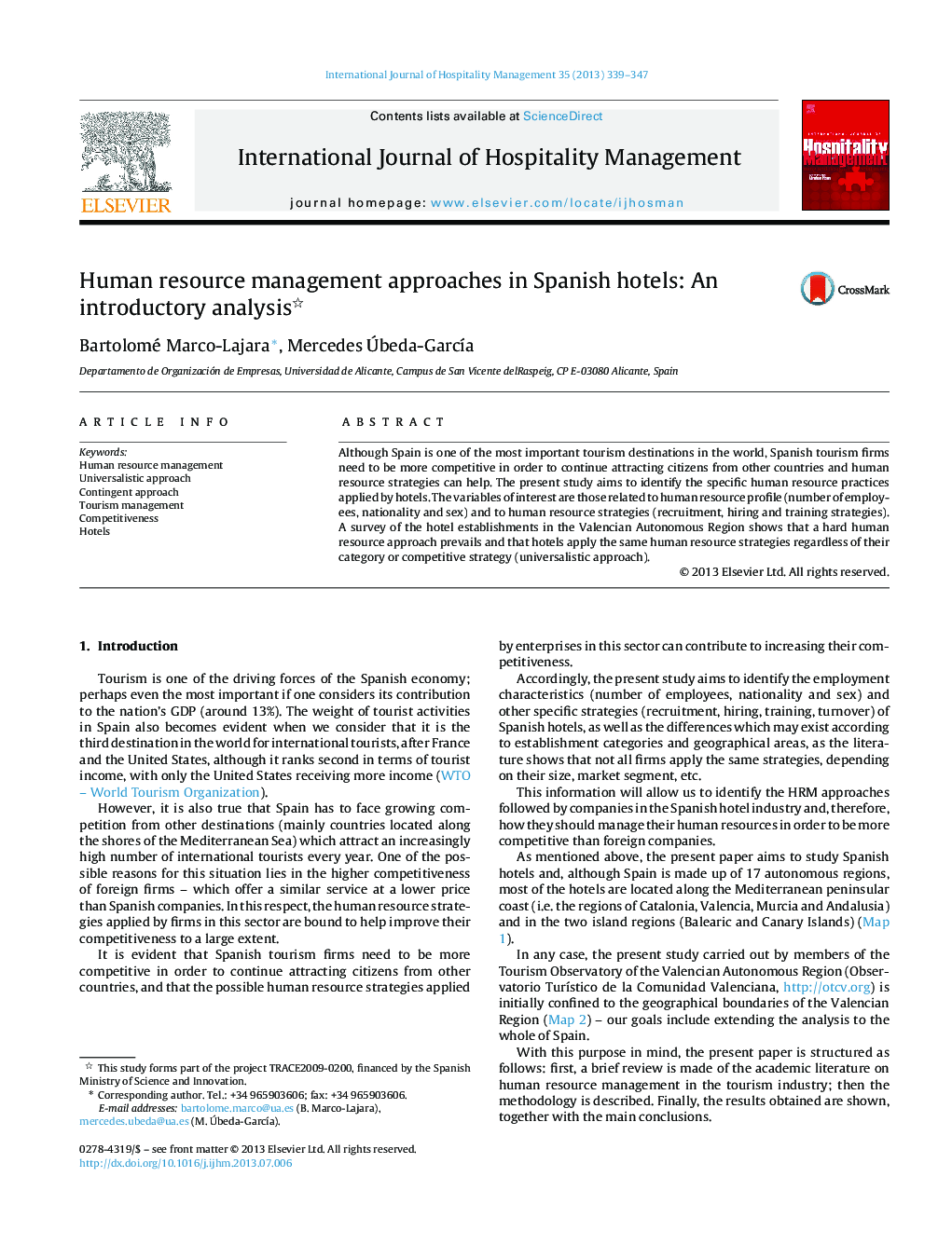 Human resource management approaches in Spanish hotels: An introductory analysis 