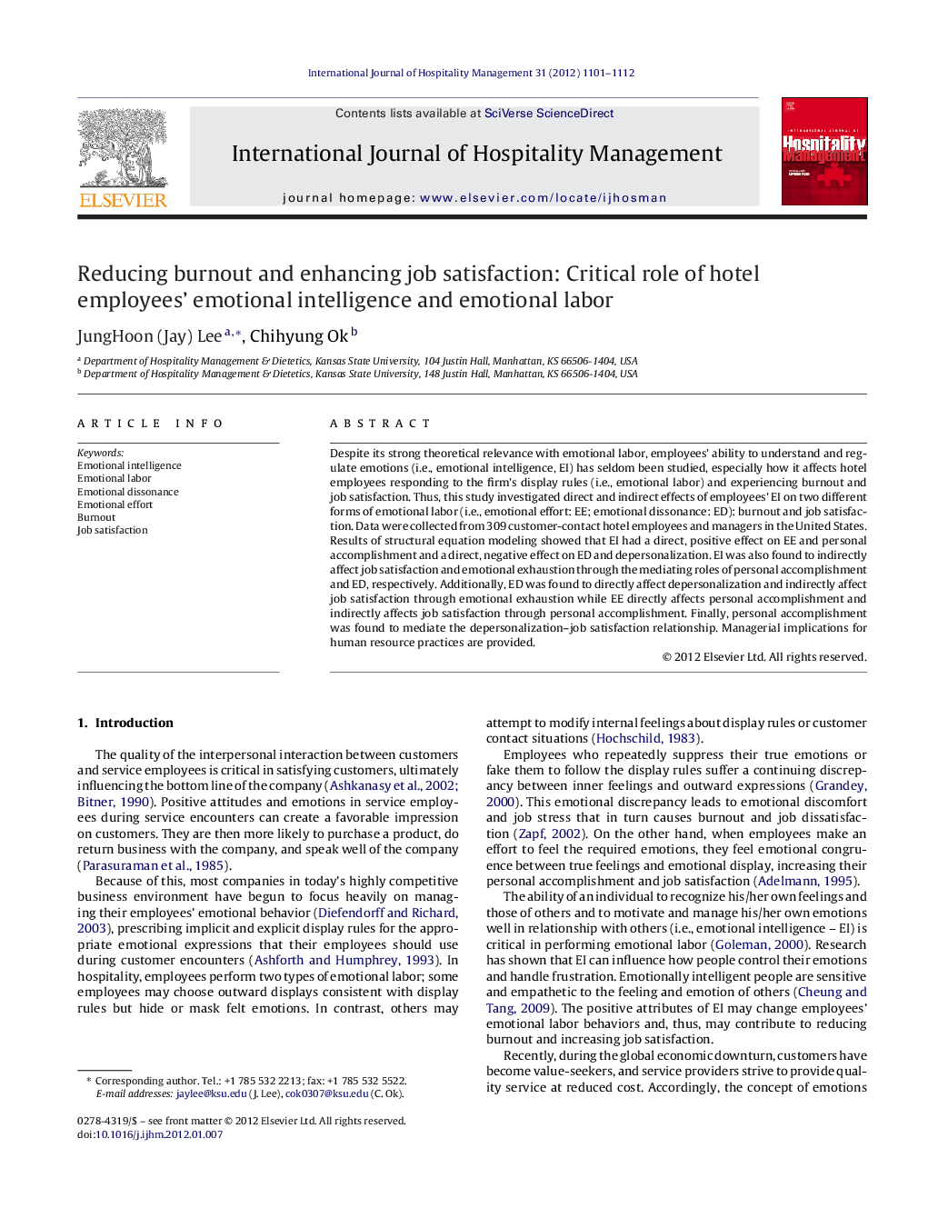 Reducing burnout and enhancing job satisfaction: Critical role of hotel employees’ emotional intelligence and emotional labor