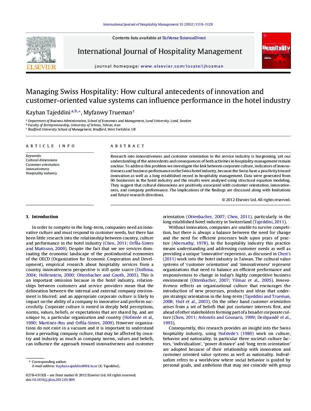 Managing Swiss Hospitality: How cultural antecedents of innovation and customer-oriented value systems can influence performance in the hotel industry