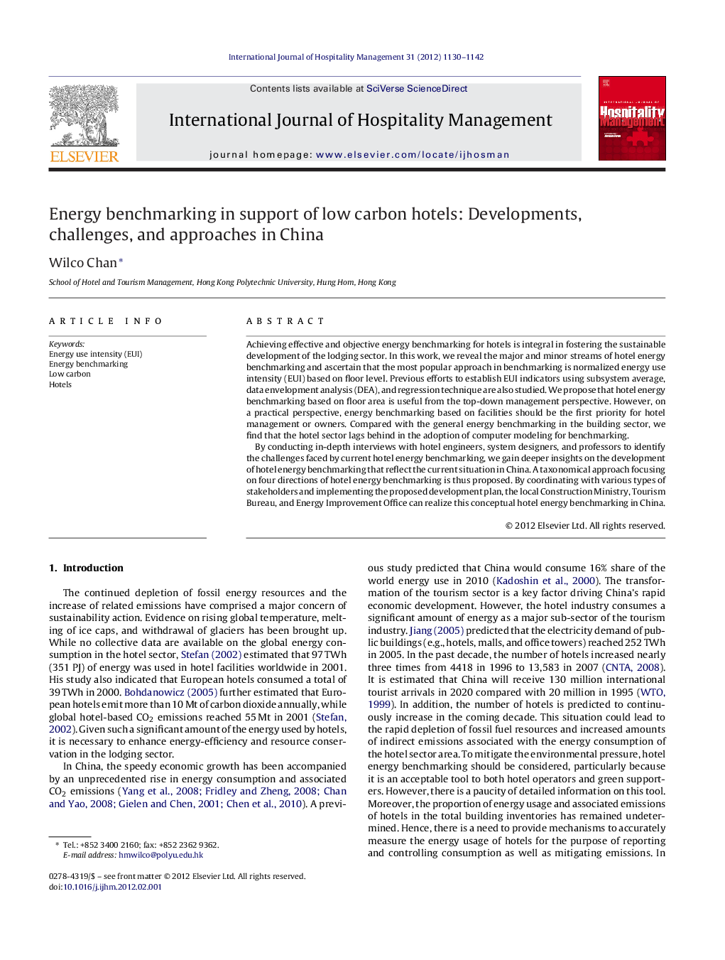 Energy benchmarking in support of low carbon hotels: Developments, challenges, and approaches in China