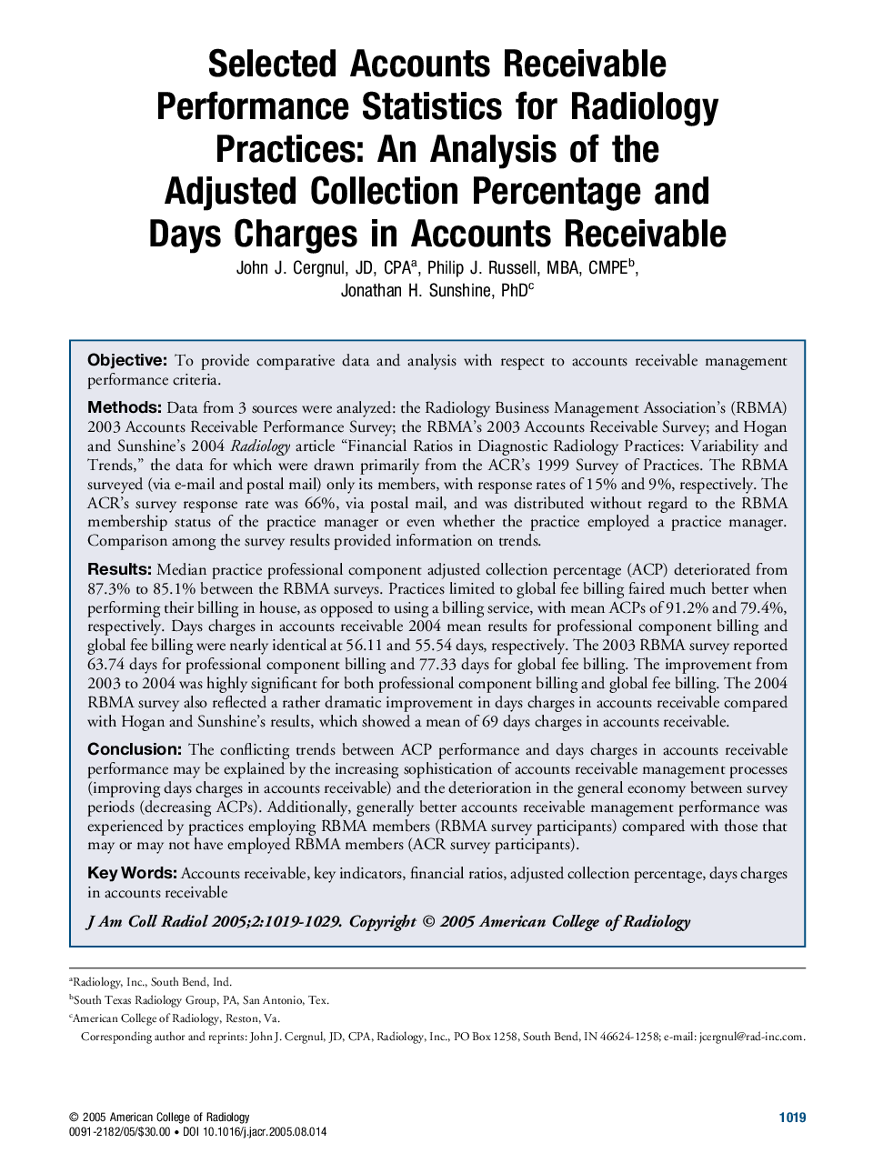 Selected Accounts Receivable Performance Statistics for Radiology Practices: An Analysis of the Adjusted Collection Percentage and Days Charges in Accounts Receivable