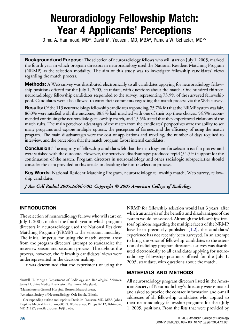 Neuroradiology Fellowship Match: Year 4 Applicants' Perceptions