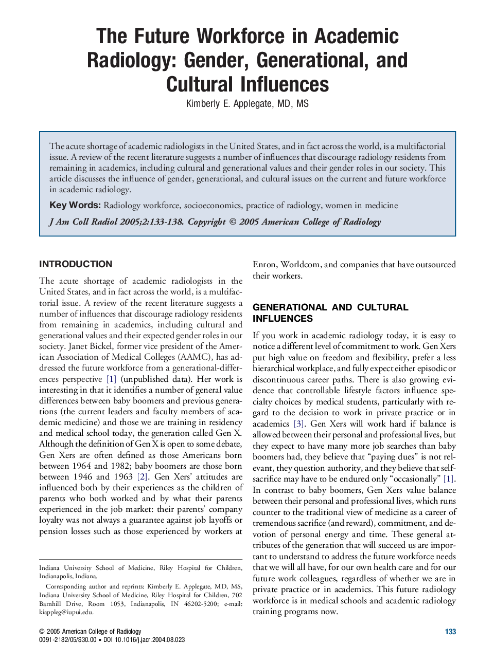 The future workforce in academic radiology: Gender, generational, and cultural influences