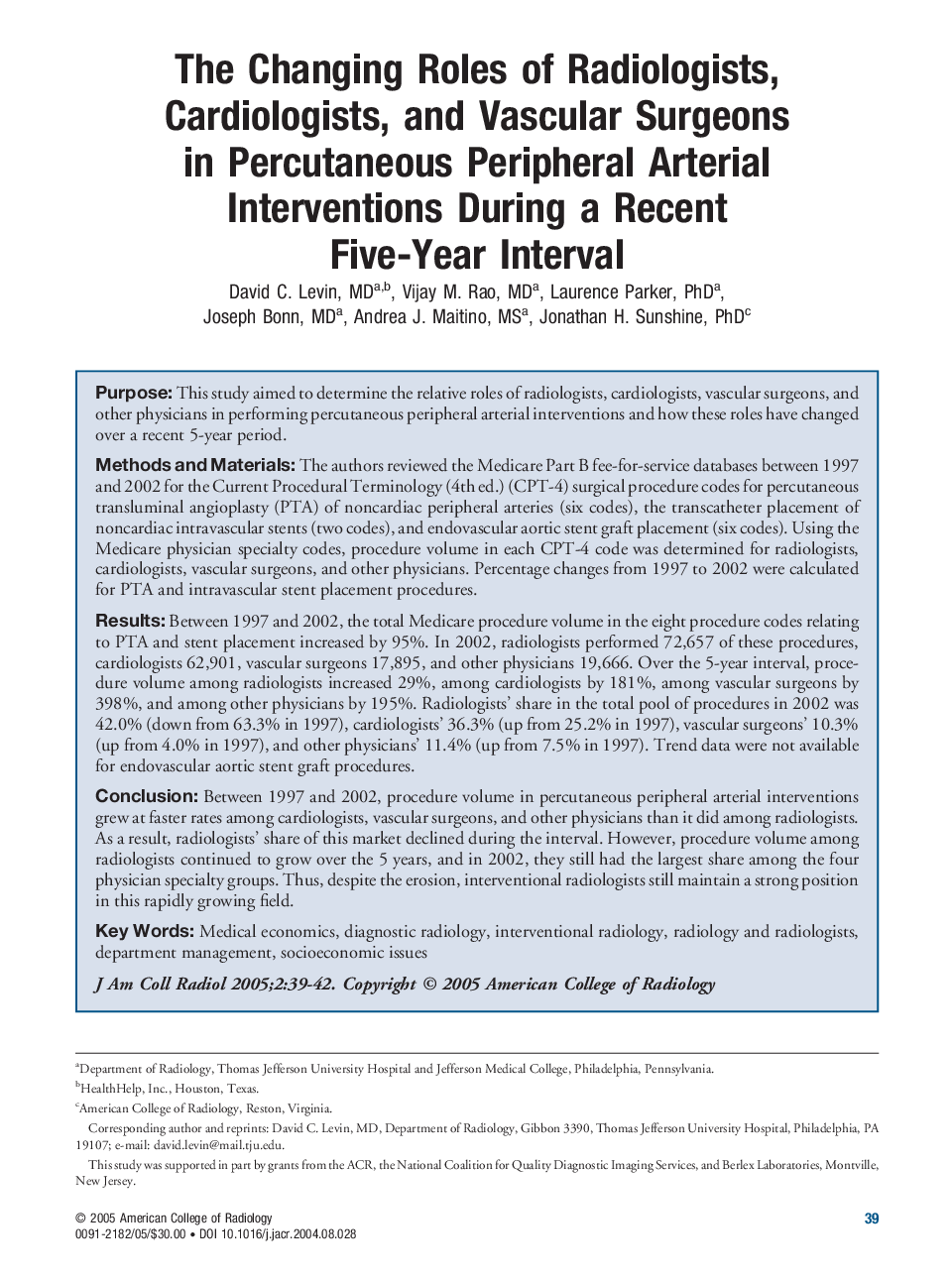 The changing roles of radiologists, cardiologists, and vascular surgeons in percutaneous peripheral arterial interventions during a recent five-year interval