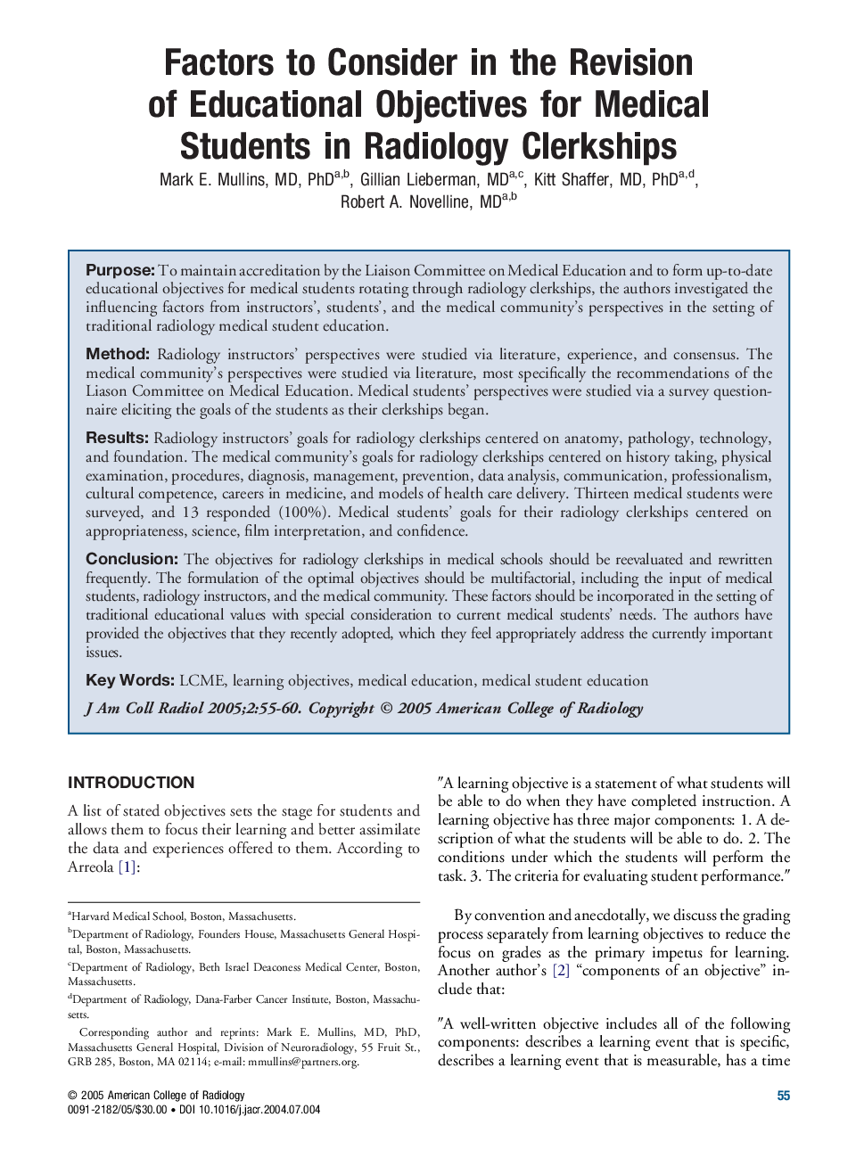 Factors to consider in the revision of educational objectives for medical students in radiology clerkships