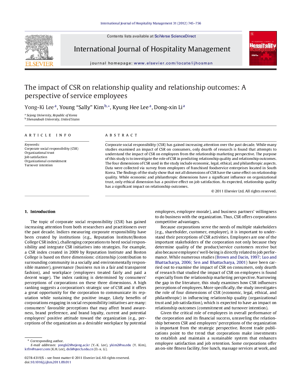 The impact of CSR on relationship quality and relationship outcomes: A perspective of service employees