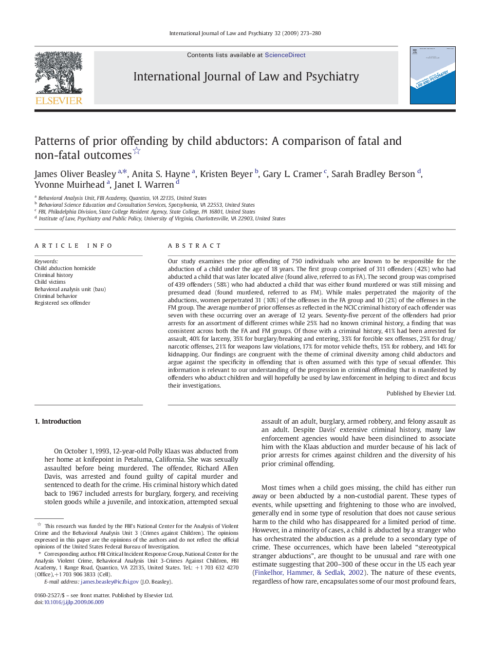 Patterns of prior offending by child abductors: A comparison of fatal and non-fatal outcomes 