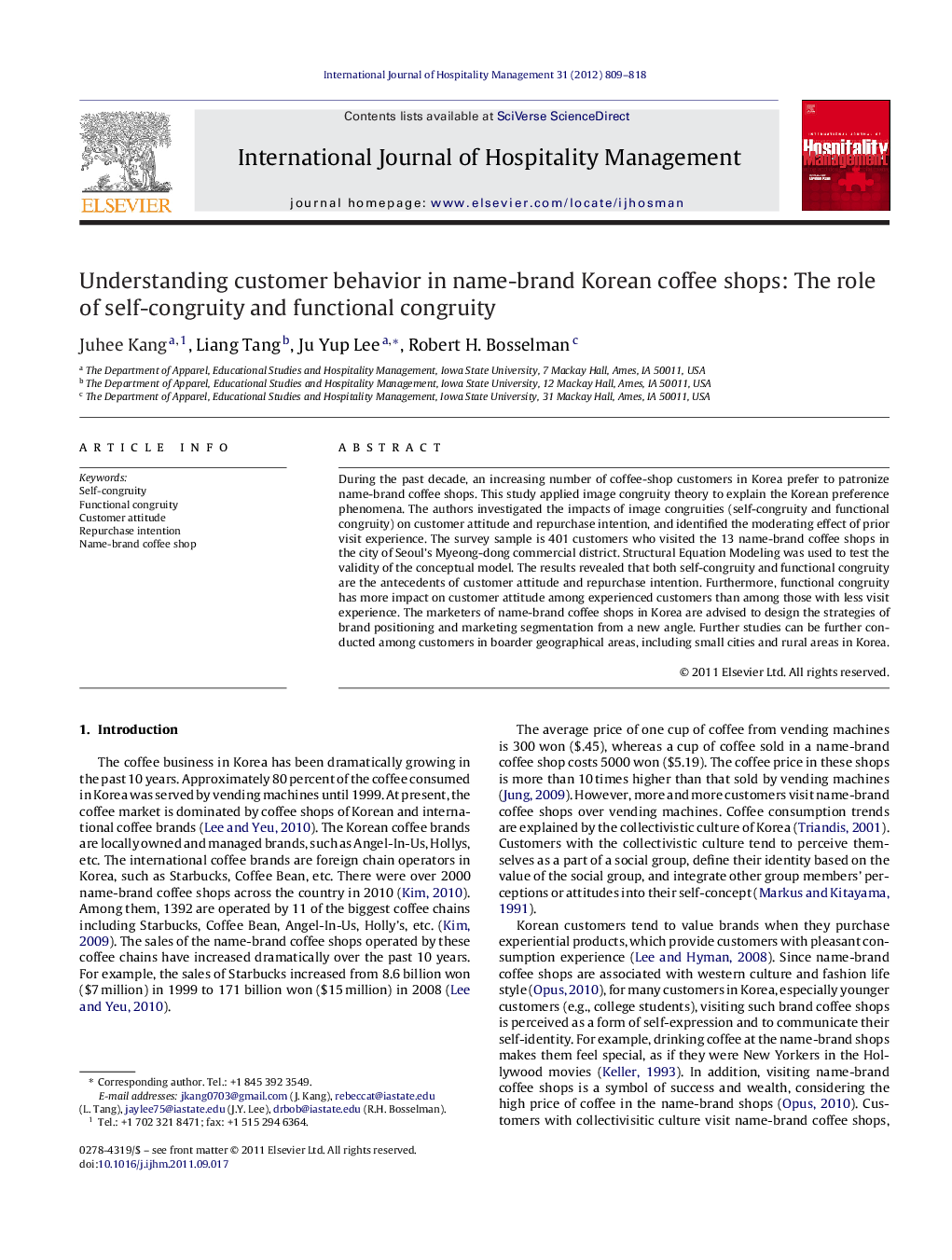 Understanding customer behavior in name-brand Korean coffee shops: The role of self-congruity and functional congruity