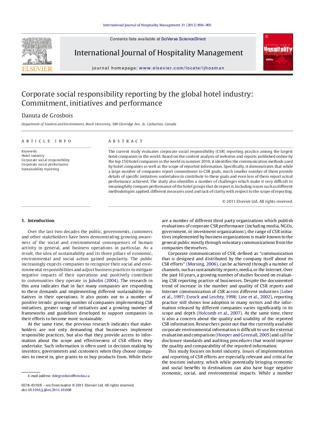 عکس صفحه اول مقاله: Corporate social responsibility reporting by the global hotel industry: Commitment, initiatives and performance Corporate social responsibility reporting by the global hotel industry: Commitment, initiatives and performance
