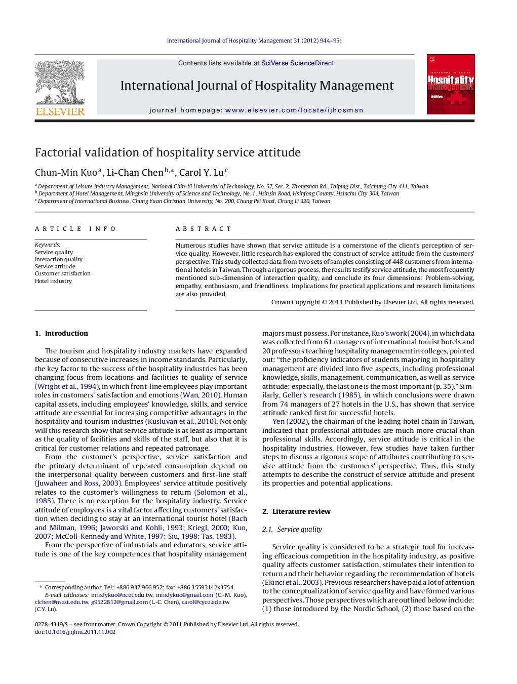 Factorial validation of hospitality service attitude