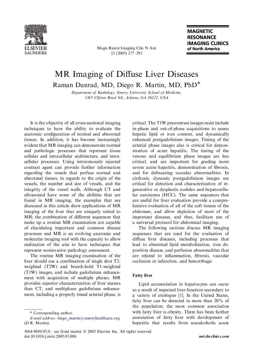 MR Imaging of Diffuse Liver Diseases