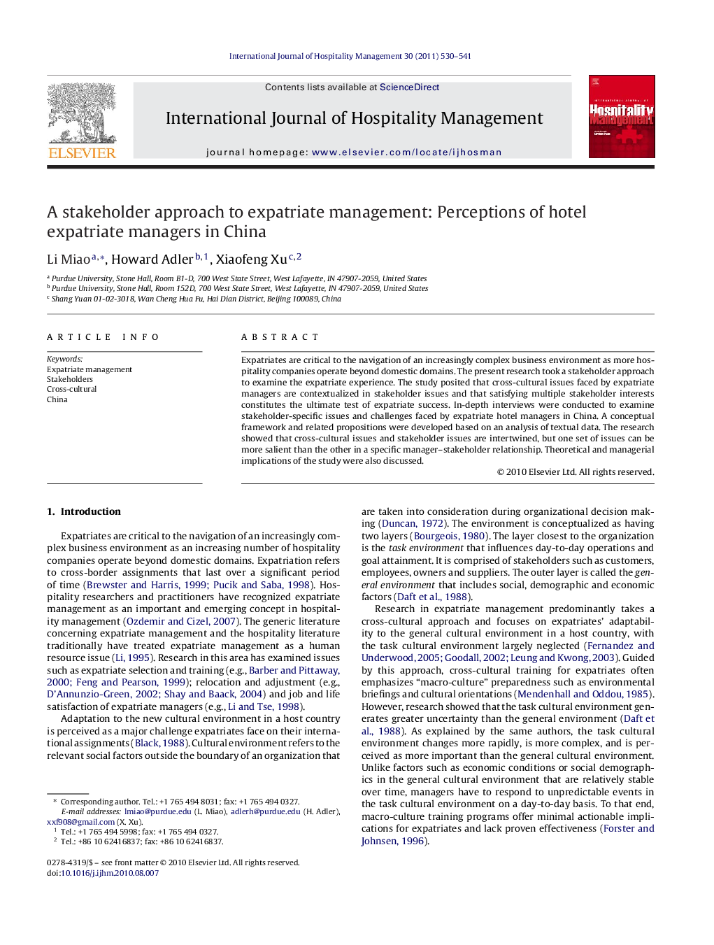 A stakeholder approach to expatriate management: Perceptions of hotel expatriate managers in China