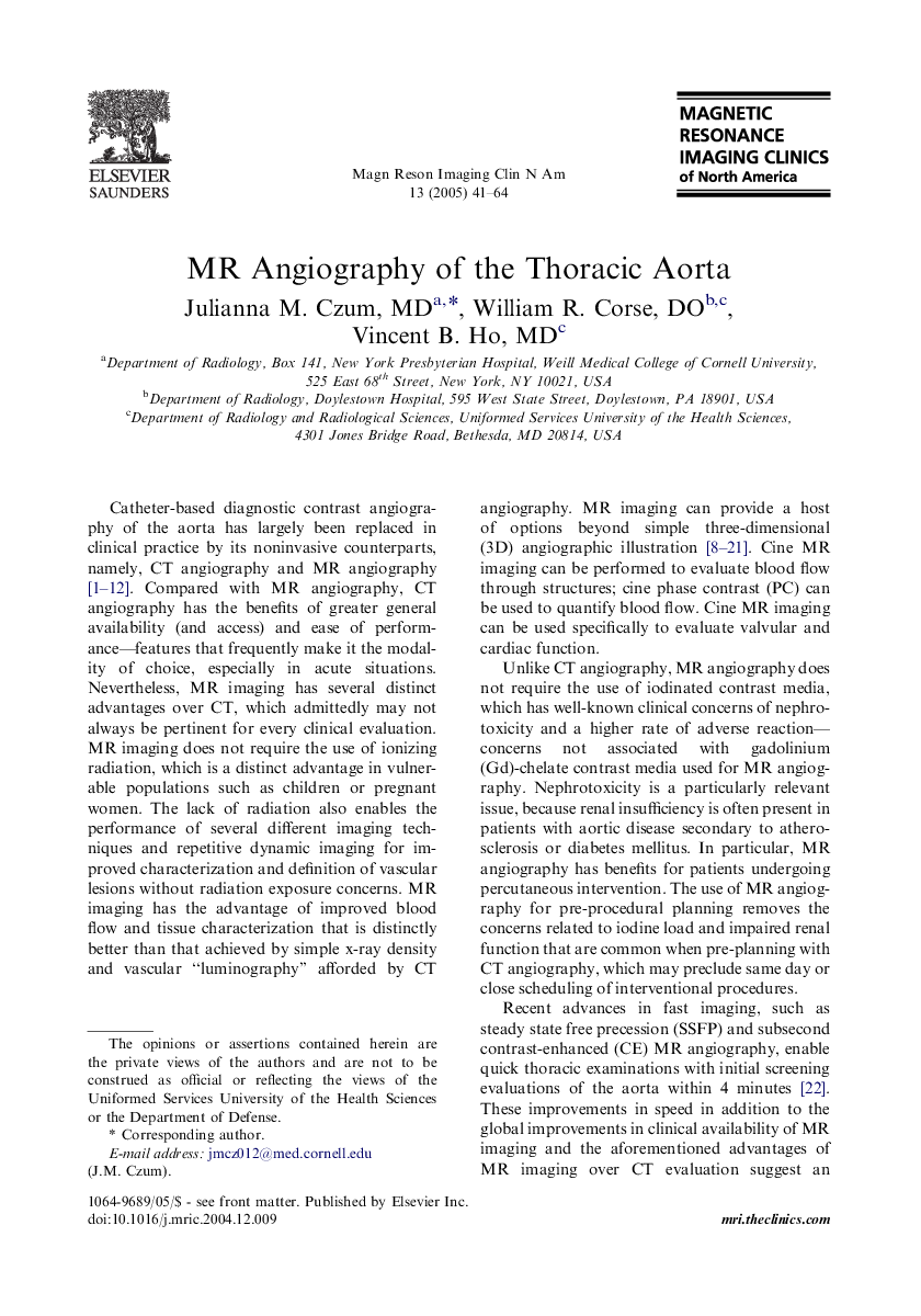 MR Angiography of the Thoracic Aorta