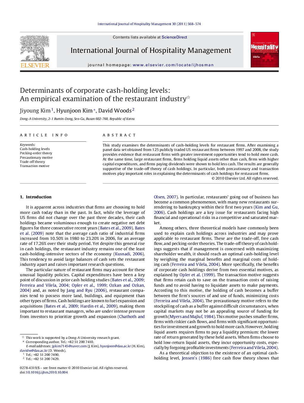 Determinants of corporate cash-holding levels: An empirical examination of the restaurant industry 