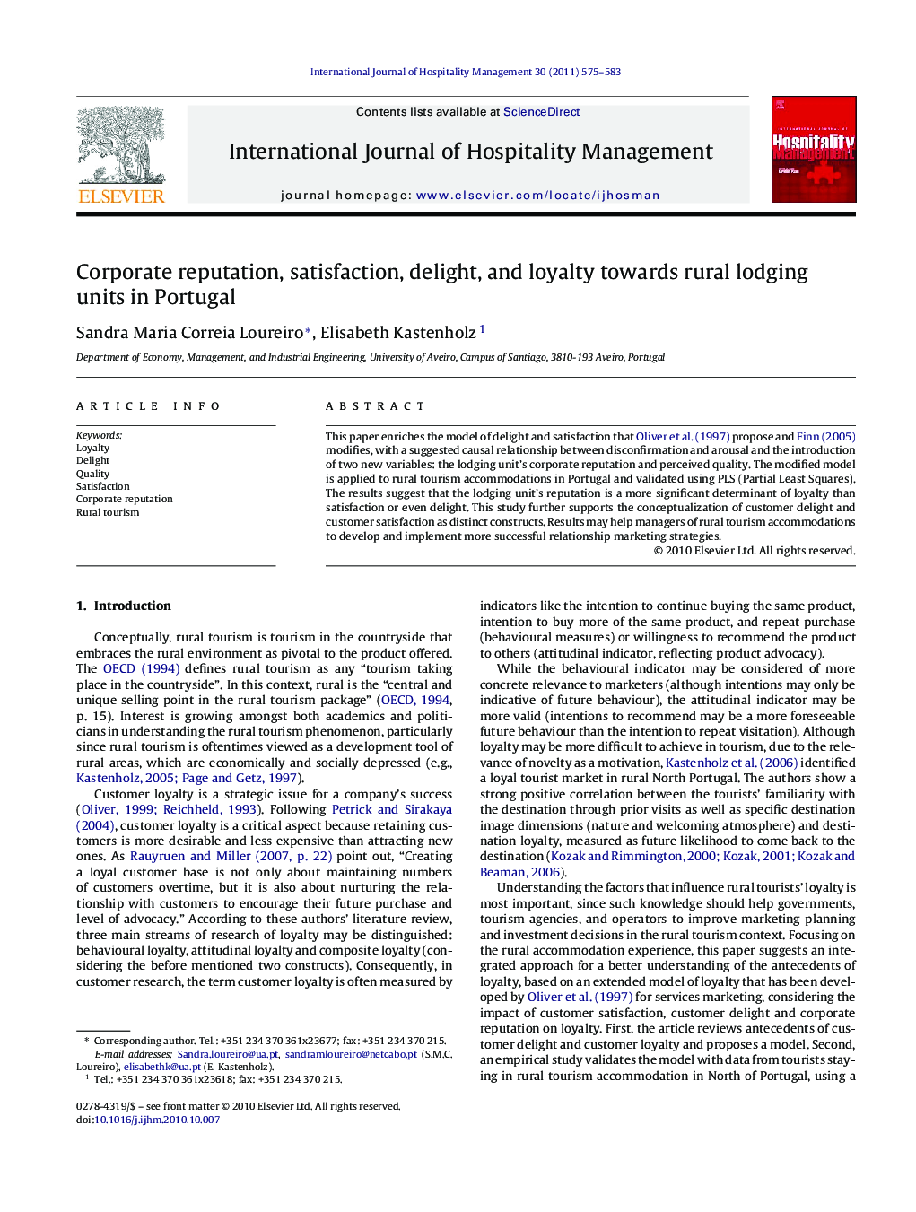 Corporate reputation, satisfaction, delight, and loyalty towards rural lodging units in Portugal