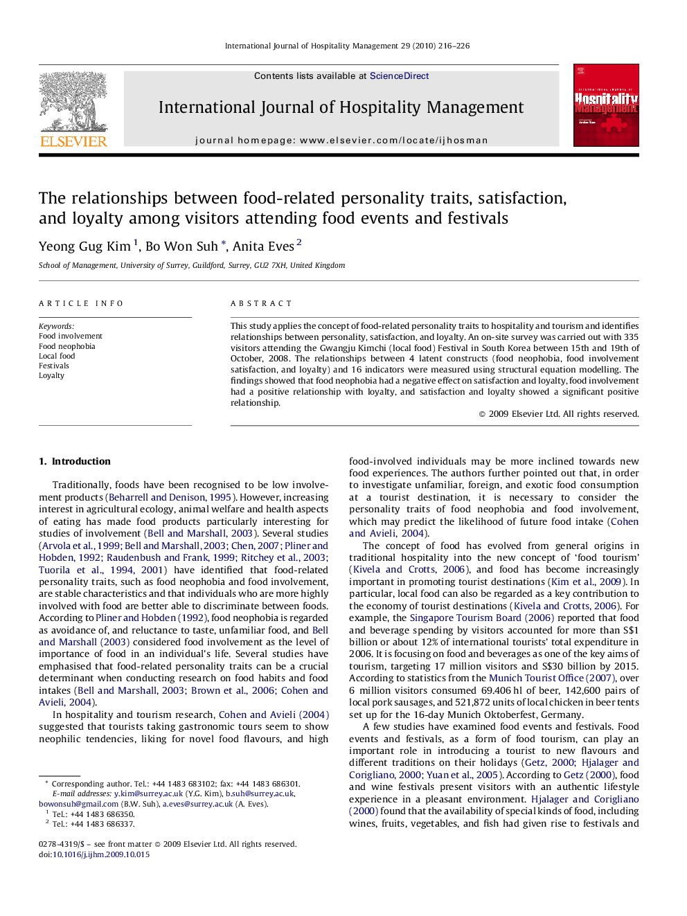 The relationships between food-related personality traits, satisfaction, and loyalty among visitors attending food events and festivals