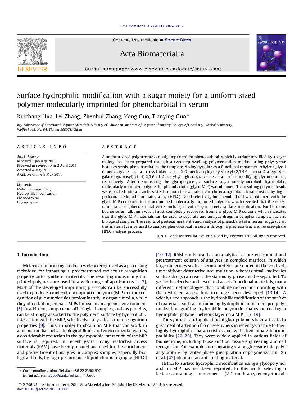 Surface hydrophilic modification with a sugar moiety for a uniform-sized polymer molecularly imprinted for phenobarbital in serum