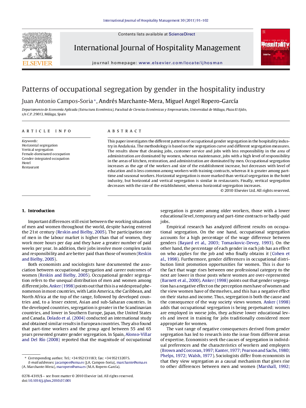 Patterns of occupational segregation by gender in the hospitality industry