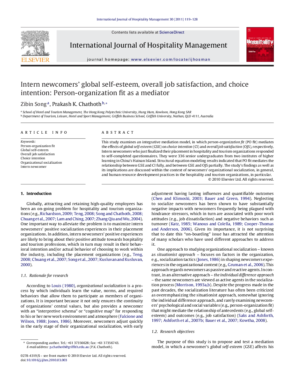 Intern newcomers’ global self-esteem, overall job satisfaction, and choice intention: Person-organization fit as a mediator