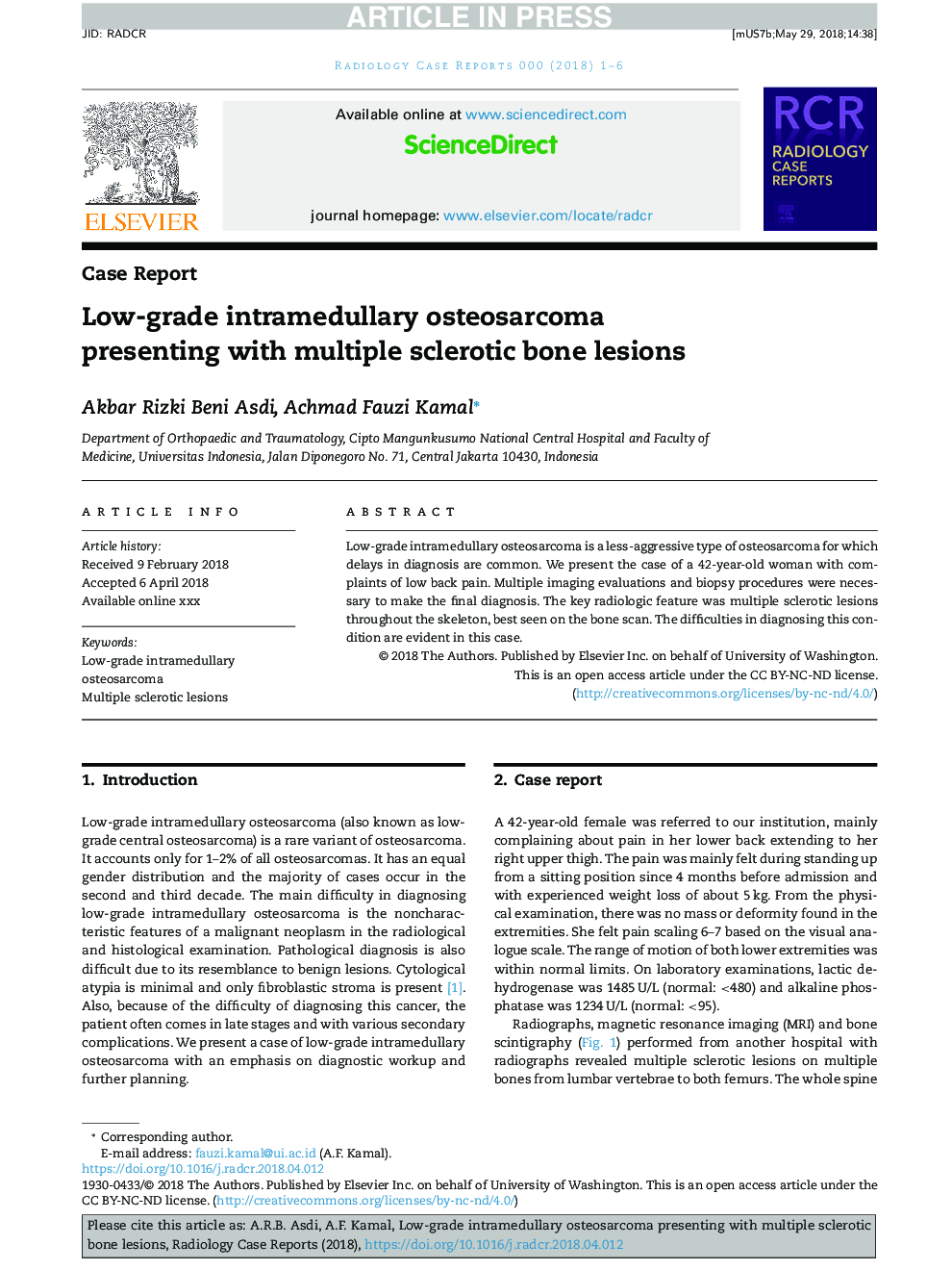 Low-grade intramedullary osteosarcoma presenting with multiple sclerotic bone lesions