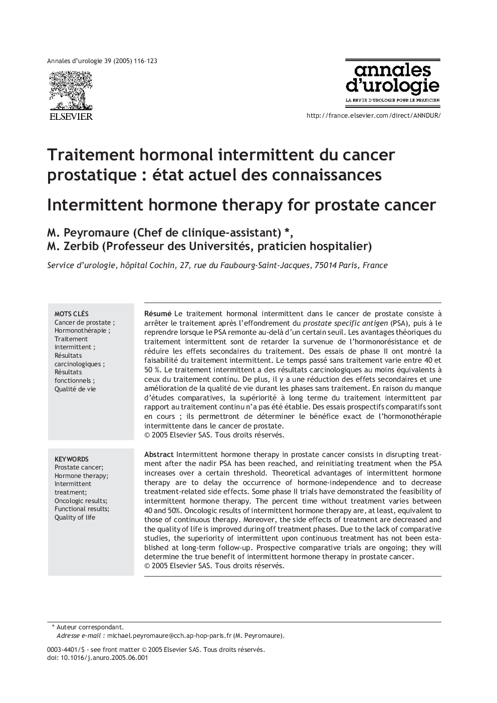 Traitement hormonal intermittent du cancer prostatiqueÂ : état actuel des connaissances