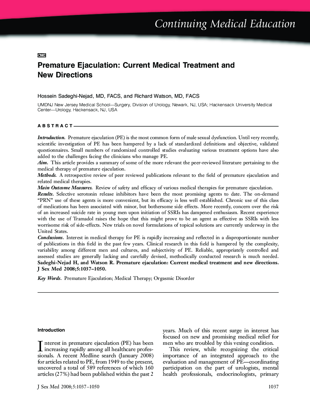 Premature Ejaculation: Current Medical Treatment and New Directions (CME)