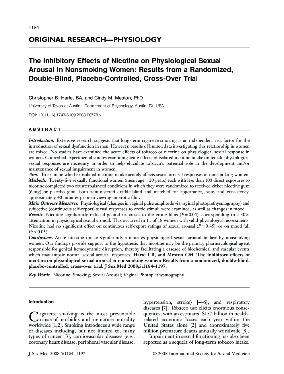 The Inhibitory Effects of Nicotine on Physiological Sexual Arousal in Nonsmoking Women: Results from a Randomized, Double-Blind, Placebo-Controlled, Cross-Over Trial