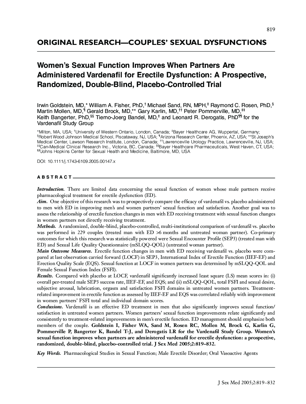 ORIGINAL RESEARCH-COUPLES' SEXUAL DYSFUNCTIONS: Women's Sexual Function Improves When Partners Are Administered Vardenafil for Erectile Dysfunction: A Prospective, Randomized, DoubleâBlind, PlaceboâControlled Trial