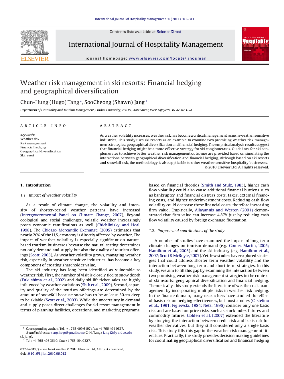 Weather risk management in ski resorts: Financial hedging and geographical diversification