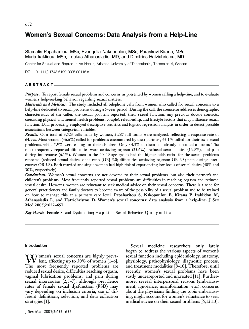 Women's Sexual Concerns: Data Analysis from a HelpâLine