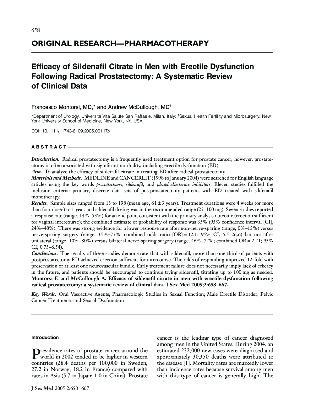 ORIGINAL RESEARCH-PHARMACOTHERAPY: Efficacy of Sildenafil Citrate in Men with Erectile Dysfunction Following Radical Prostatectomy: A Systematic Review of Clinical Data