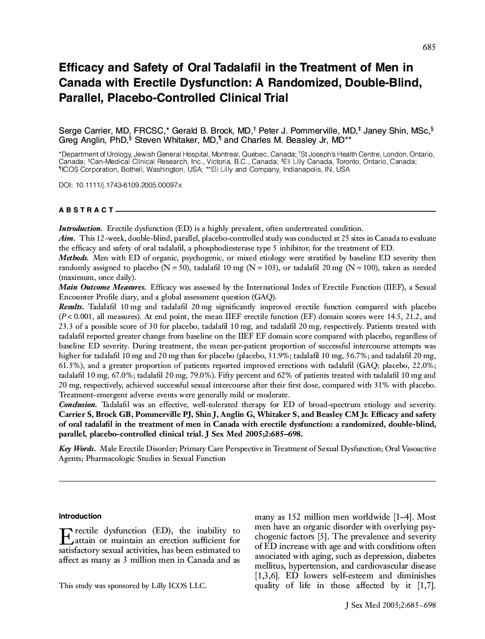 Efficacy and Safety of Oral Tadalafil in the Treatment of Men in Canada with Erectile Dysfunction: A Randomized, DoubleâBlind, Parallel, PlaceboâControlled Clinical Trial