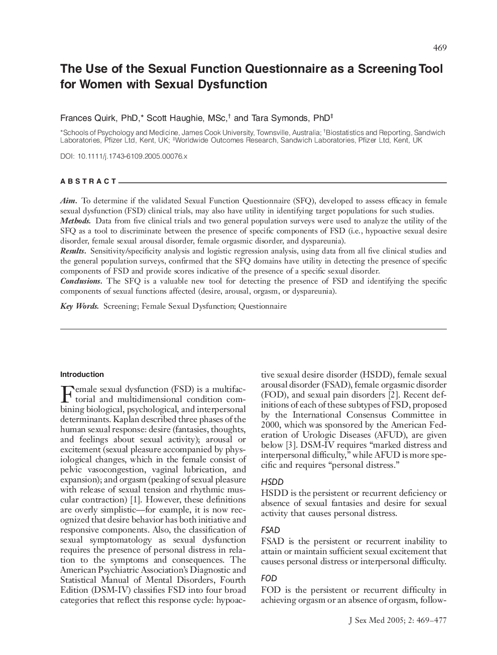 The Use of the Sexual Function Questionnaire as a Screening Tool for Women with Sexual Dysfunction