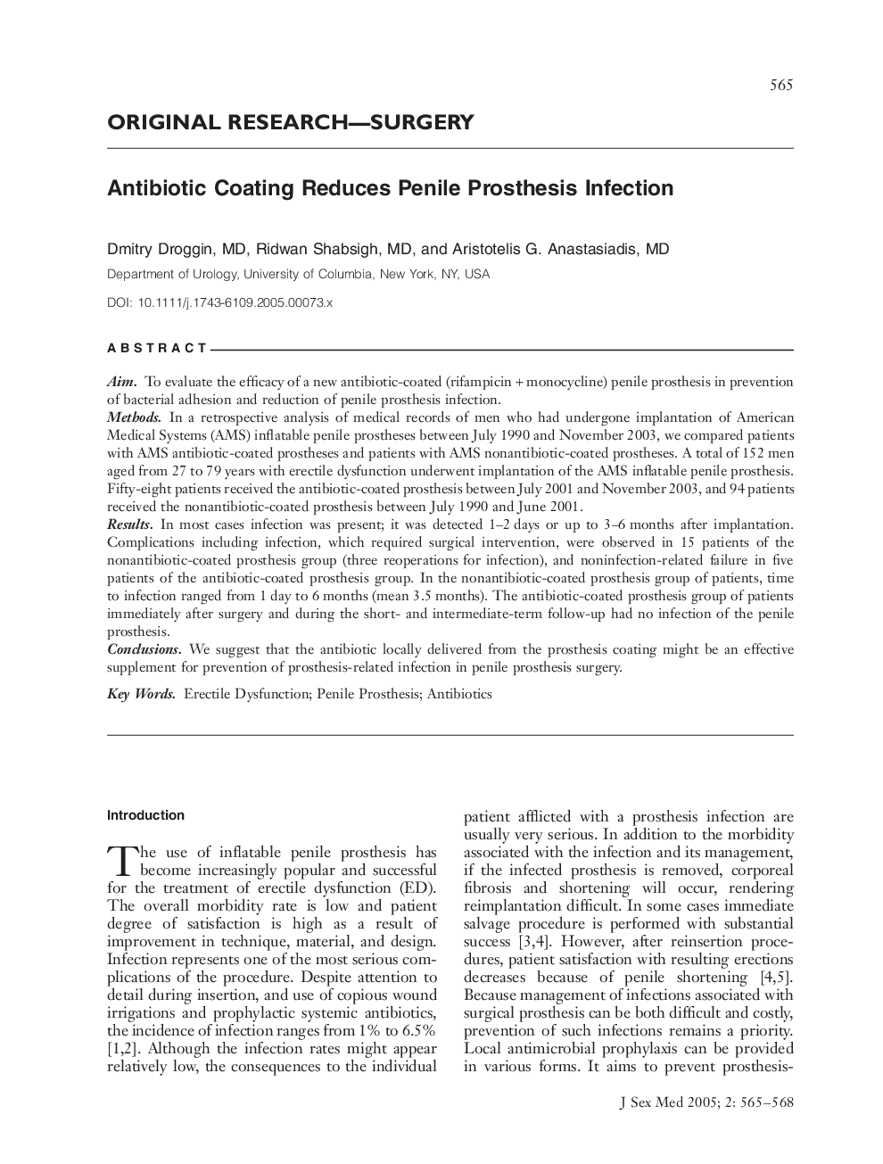 ORIGINAL RESEARCH-SURGERY: Antibiotic Coating Reduces Penile Prosthesis Infection